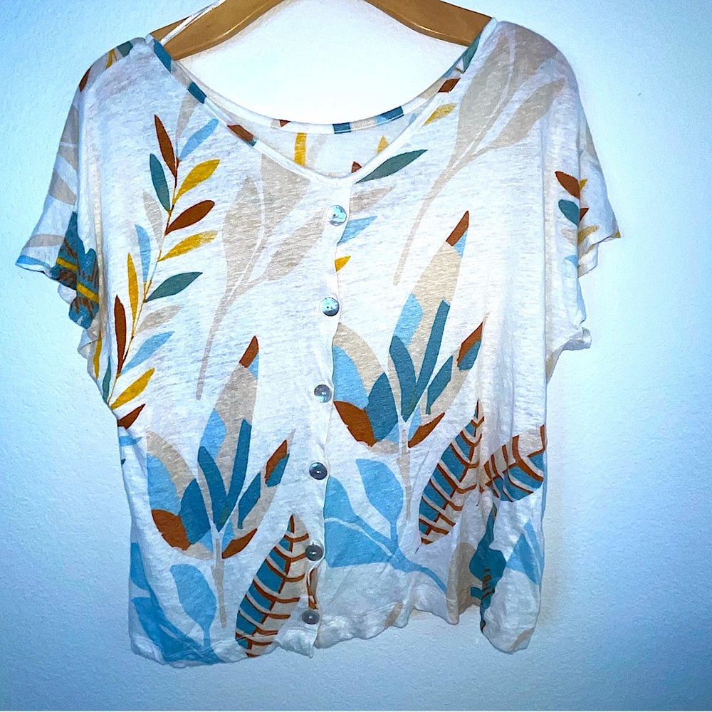 CYNTHIA ROWLEY 100% Linen Blouse Botanical Print Costal Travel